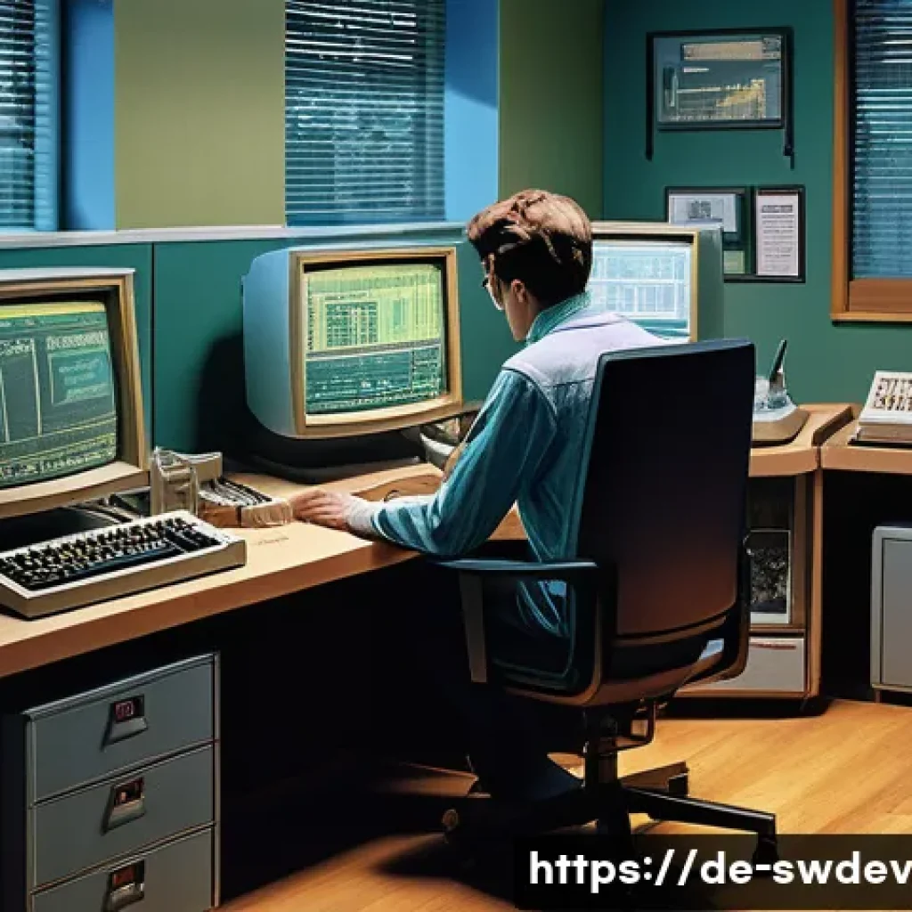 소프트웨어 설계 패턴의 역사 - A detailed digital illustration of a 1990s software development workspace in Germany, featuring a pr...
