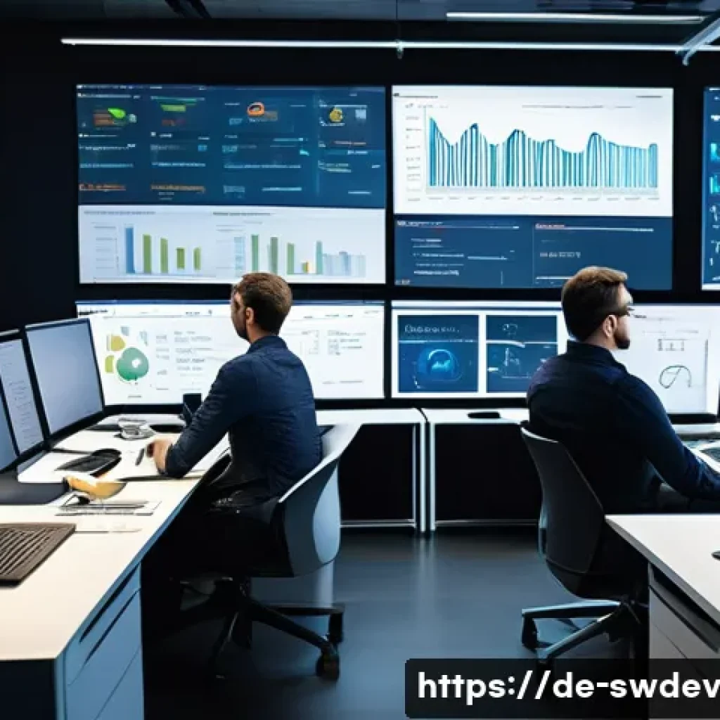소프트웨어 설계 패턴을 활용한 성능 테스트 - A high-tech software development workspace showing a diverse team of German engineers and developers...