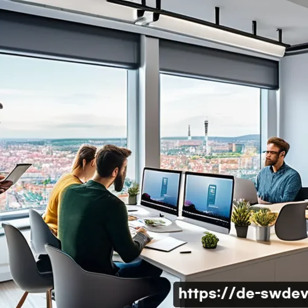 소프트웨어 설계 패턴을 활용한 효과적인 개발 - A modern software development team collaborating in a bright, spacious office with large windows sho...