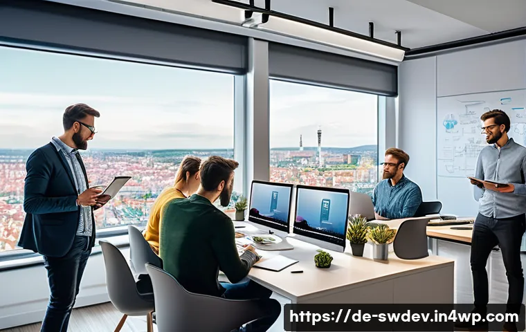 소프트웨어 설계 패턴을 활용한 효과적인 개발 - A modern software development team collaborating in a bright, spacious office with large windows sho...