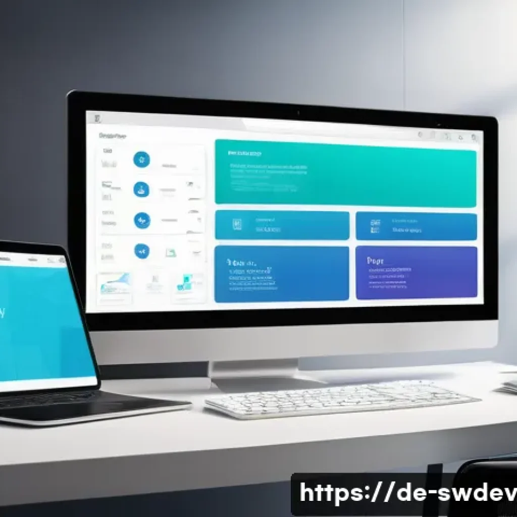 설계 패턴을 사용한 UI UX 개선 전략 - A modern, sleek user interface dashboard displayed on various devices including a desktop monitor, t...