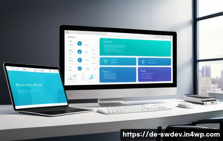 설계 패턴을 사용한 UI UX 개선 전략 - A modern, sleek user interface dashboard displayed on various devices including a desktop monitor, t...