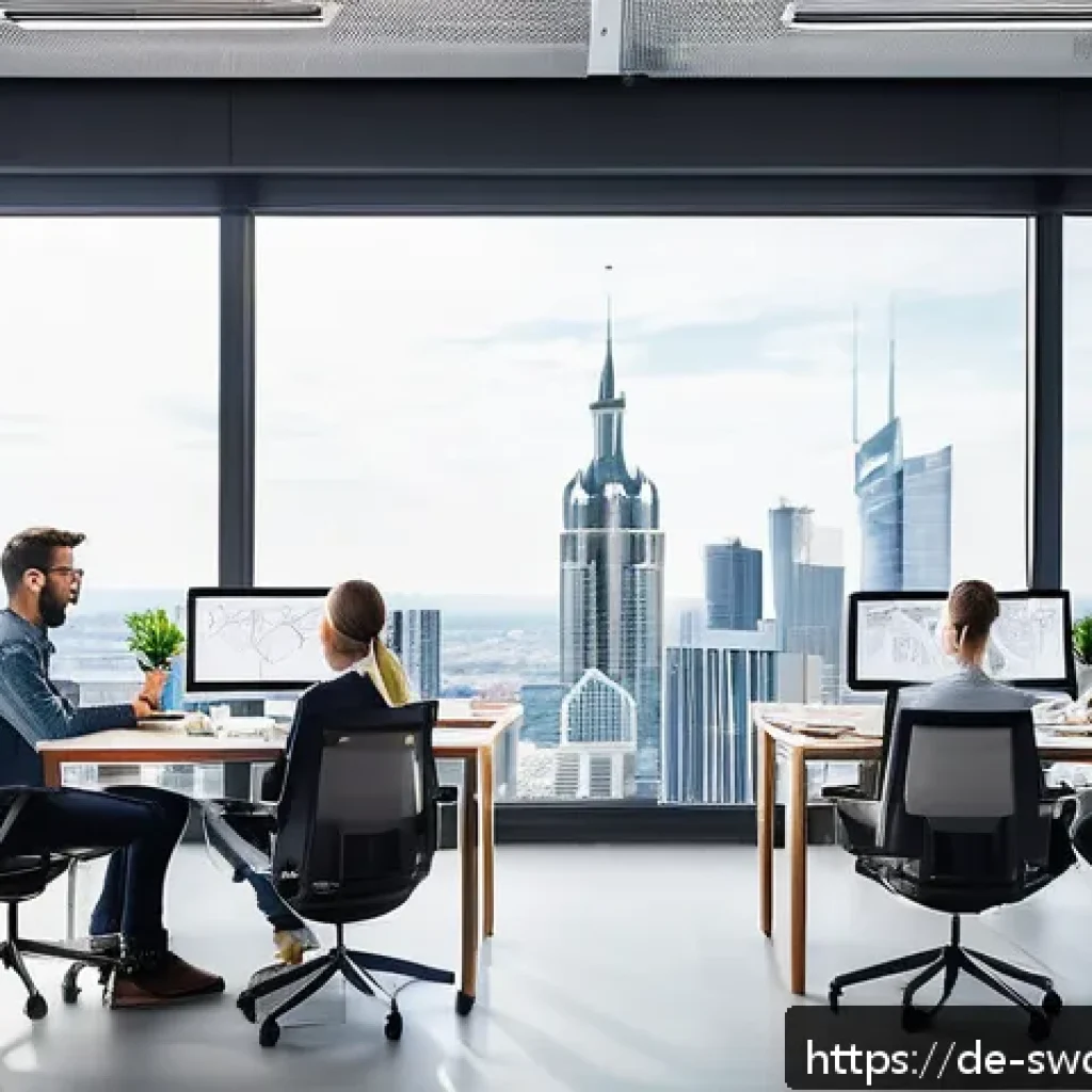 디자인 패턴의 중요성 - A modern software development team collaborating in a bright, spacious office with large windows sho...