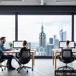 Home 20 디자인 패턴의 중요성 - A modern software development team collaborating in a bright, spacious office with large windows sho...