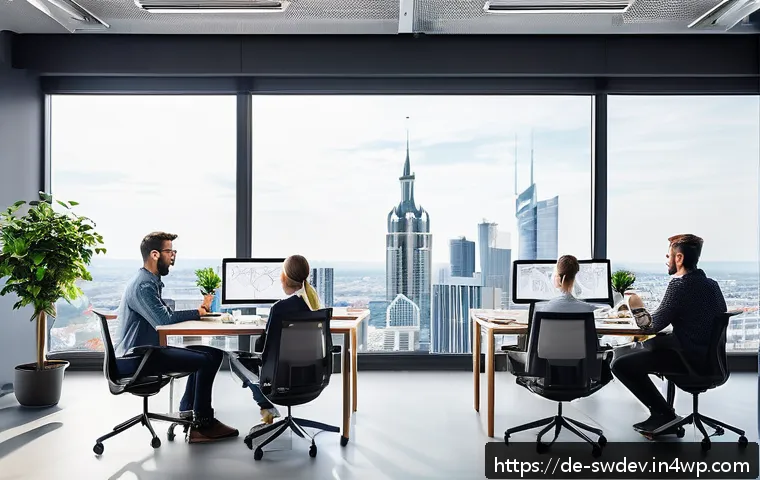 디자인 패턴의 중요성 - A modern software development team collaborating in a bright, spacious office with large windows sho...