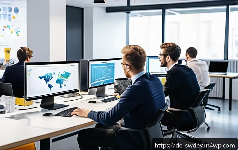 소프트웨어 설계 패턴 예제 - A modern software development team collaborating in a bright, spacious German office, with diverse d...