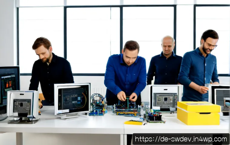 Home 17 팩토리 패턴 사용 사례 - Photorealistic German software engineering office, diverse development team around a clean worktable...